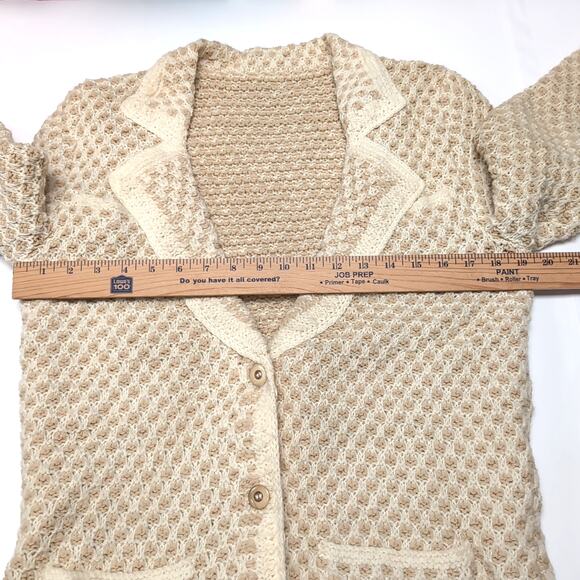 Hand Knit Handmade Sweater Blazer Cardigan Womens Size M Tan Cream Pockets NEW - Picture 13 of 16
